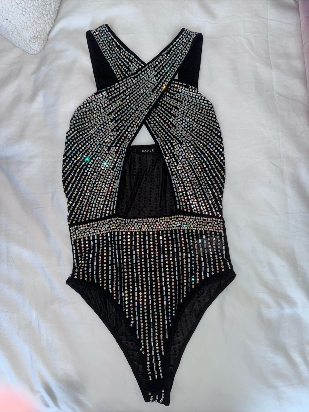 Embellished Black Cross Front Bodysuit with Rhinestones